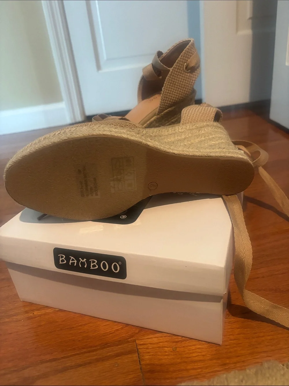 BAMBOO Tan Woven Ankle-Tie Wedge Espadrilles